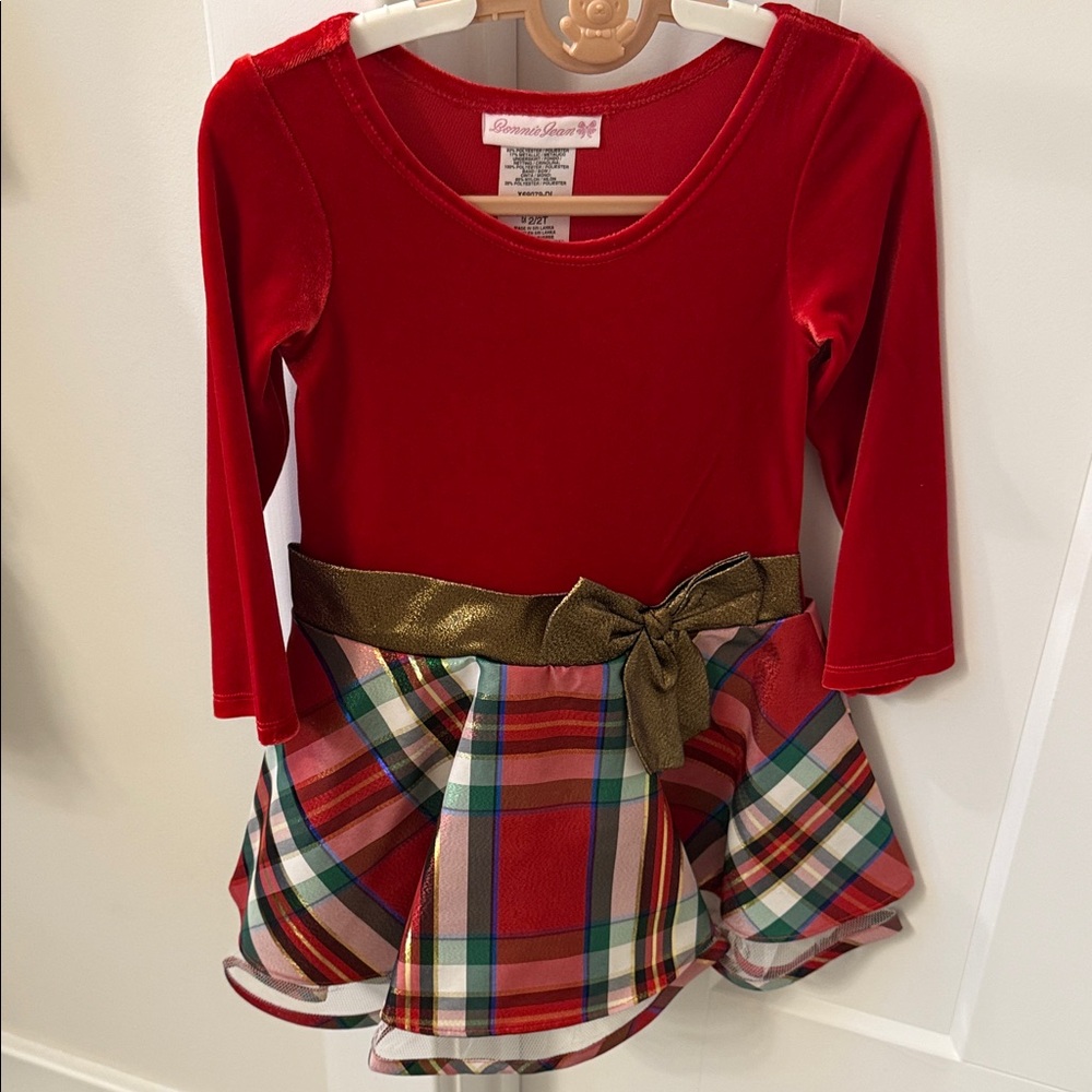 Bonnie Jean Red and Plaid Dress with Gold Accent